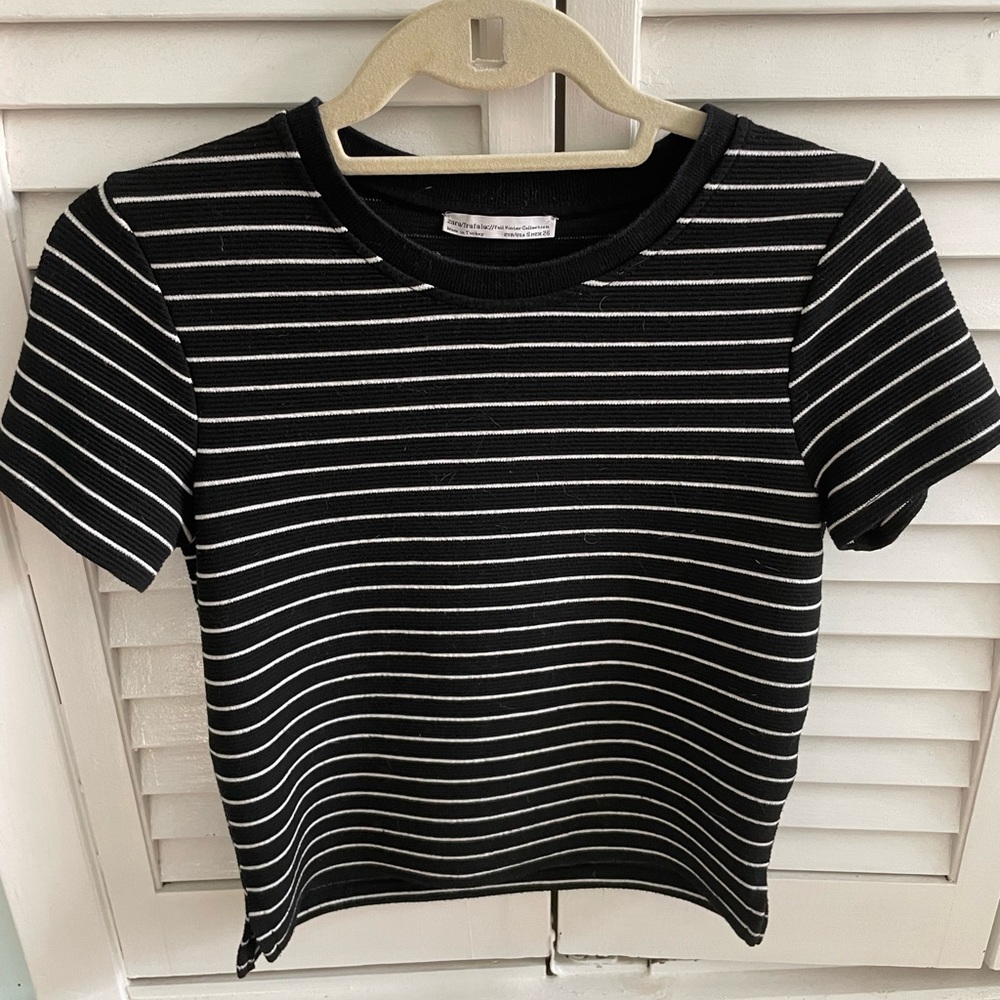 Zara black and white horizontal stripe rib top